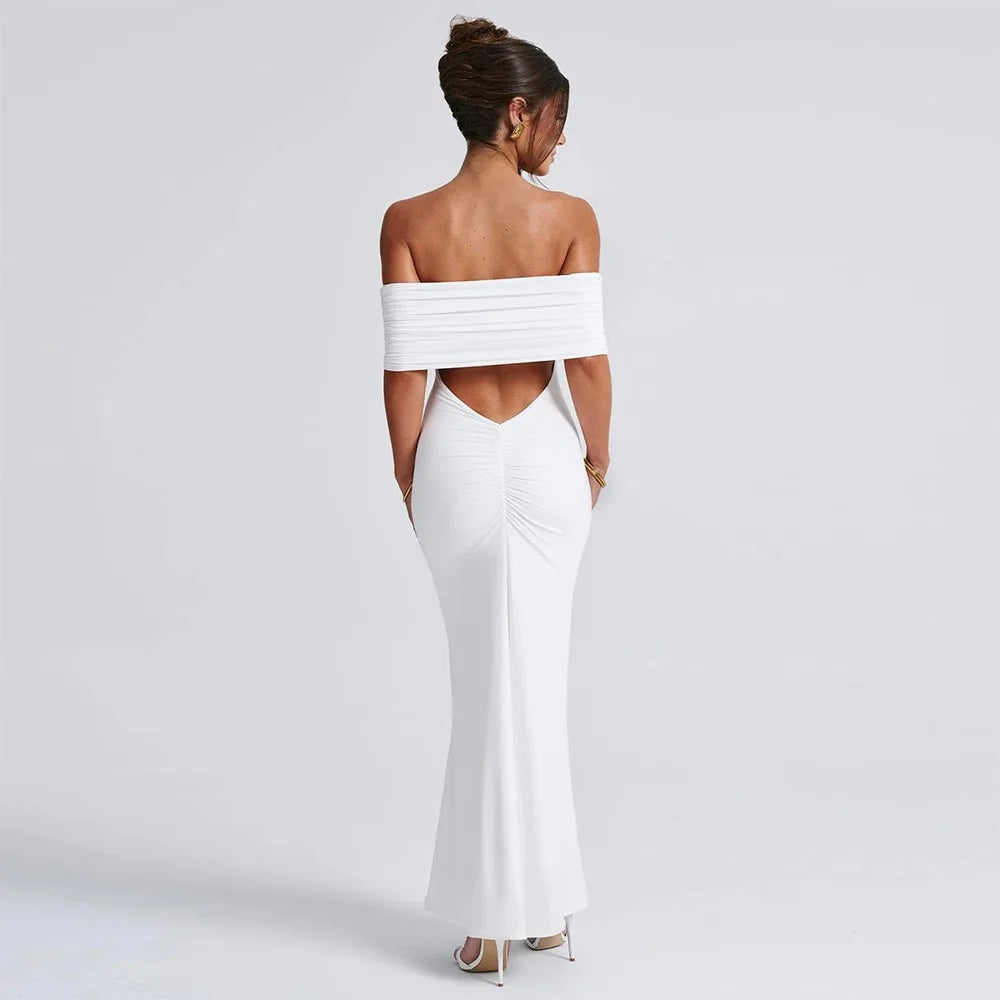 Women’s Off-Shoulder Backless Dress – Elegant Pleated High Slit Evening Party Dress