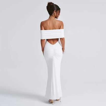 Women’s Off-Shoulder Backless Dress – Elegant Pleated High Slit Evening Party Dress