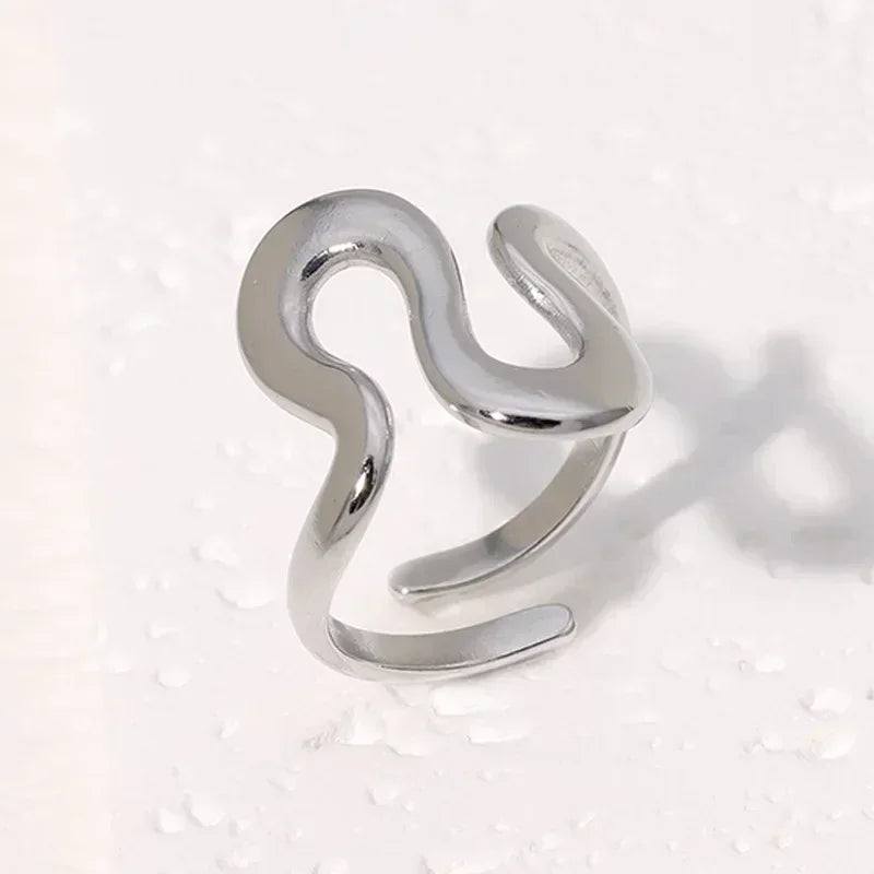 Women’s Irregular Wave Stainless Steel Ring – Adjustable Gold Color Statement Jewelry