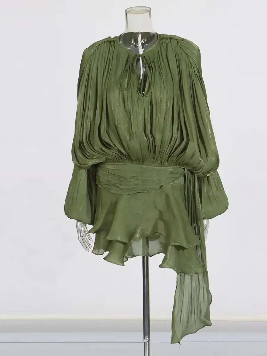 Women’s V-Neck Lace-Up Mini Dress – Long Sleeve Sweet Style Fashion Dress