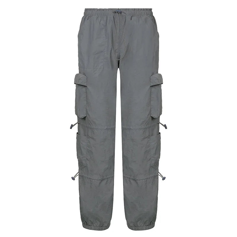 Women’s Cargo Street Pants Bottom – American Hip-Hop Style Multi-Pocket Workwear with Drawstring Elastic Waist and Loose Fit