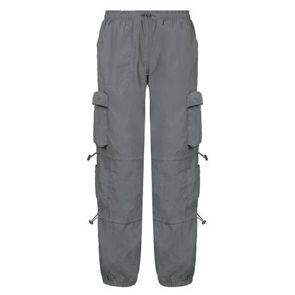 Women’s Cargo Street Pants Bottom – American Hip-Hop Style Multi-Pocket Workwear with Drawstring Elastic Waist and Loose Fit