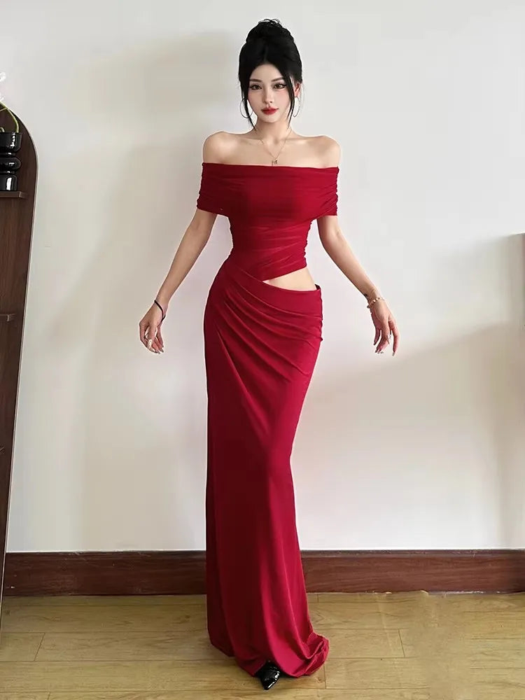 Women’s Ruched Irregular Mesh Patchwork Slash Neck Short Sleeve Elegant Maxi Dress