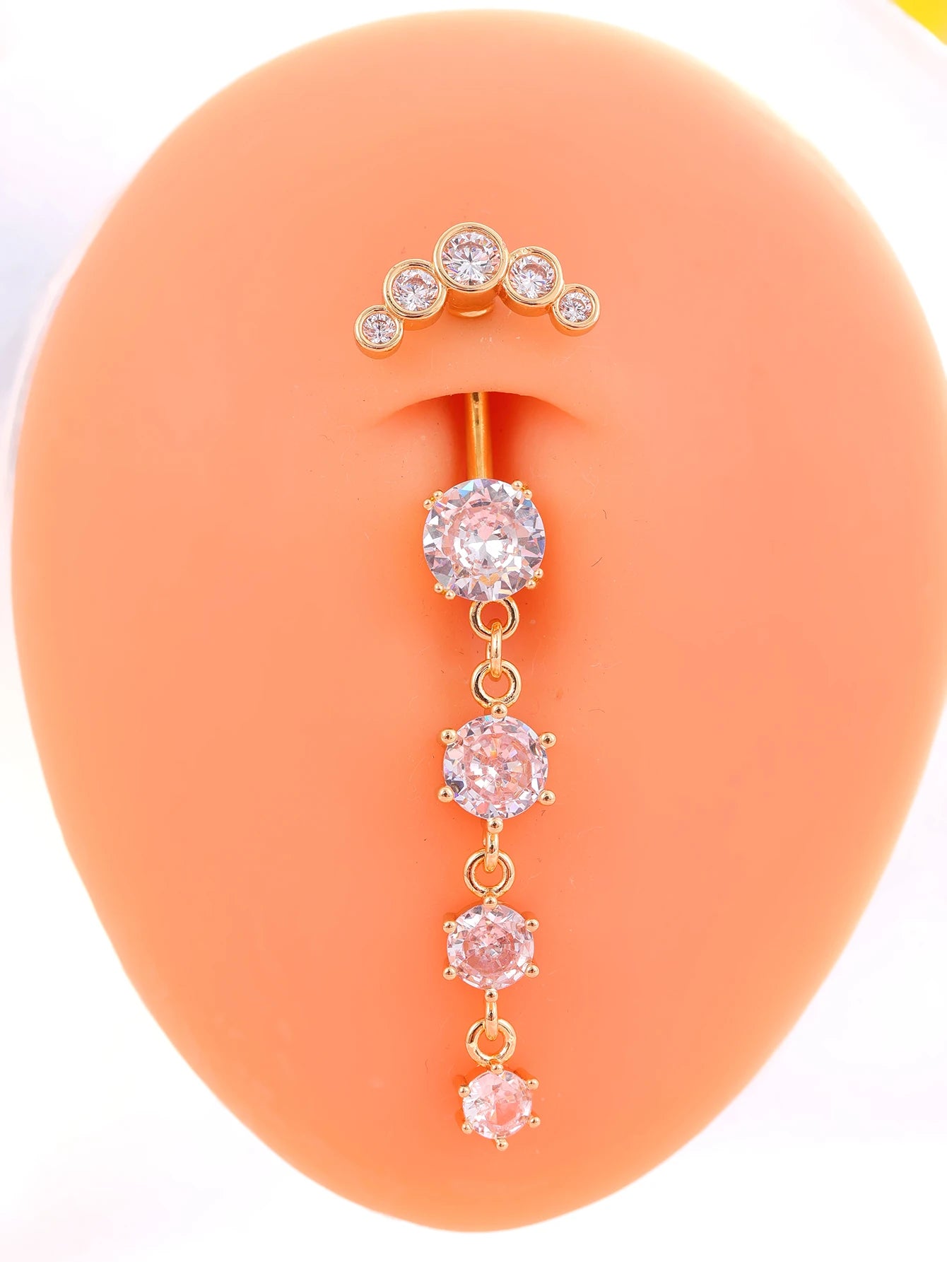 Women’s Gold Stainless Steel Belly Button – Long Dangle Flower CZ Crystal Navel Piercing Jewelry