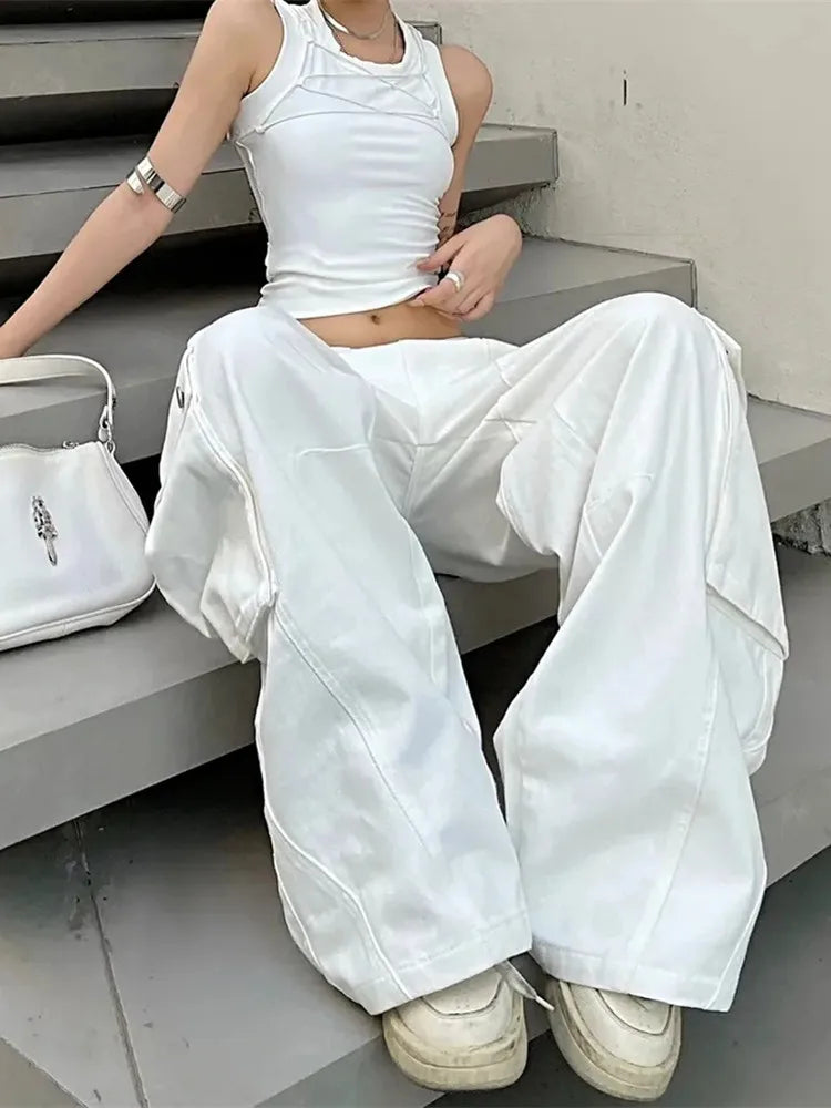 Women’s Korean Y2K Cargo Jeans Bottom – White Baggy Kpop Pants, Straight Wide Leg Elegant Trousers for Casual Streetwear Outfits