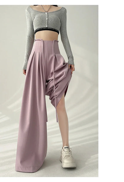 Women’s Streetwear Wide Leg Pants Bottom – Korean High Waist Lace-Up Suit Trousers, Elegant Black Summer Fashion