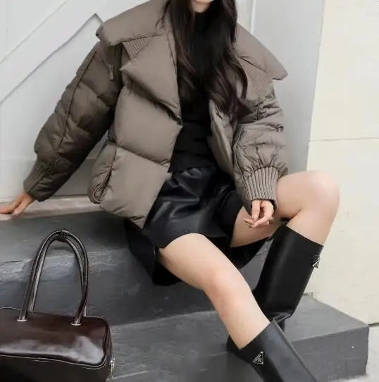 Women’s Down Jacket Outerwear – Knitted Patchwork Lapel Puffer Jacket
