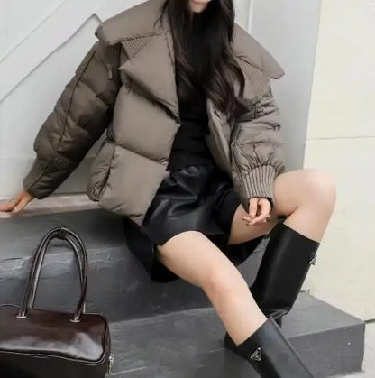 Women’s Down Jacket Outerwear – Knitted Patchwork Lapel Puffer Jacket