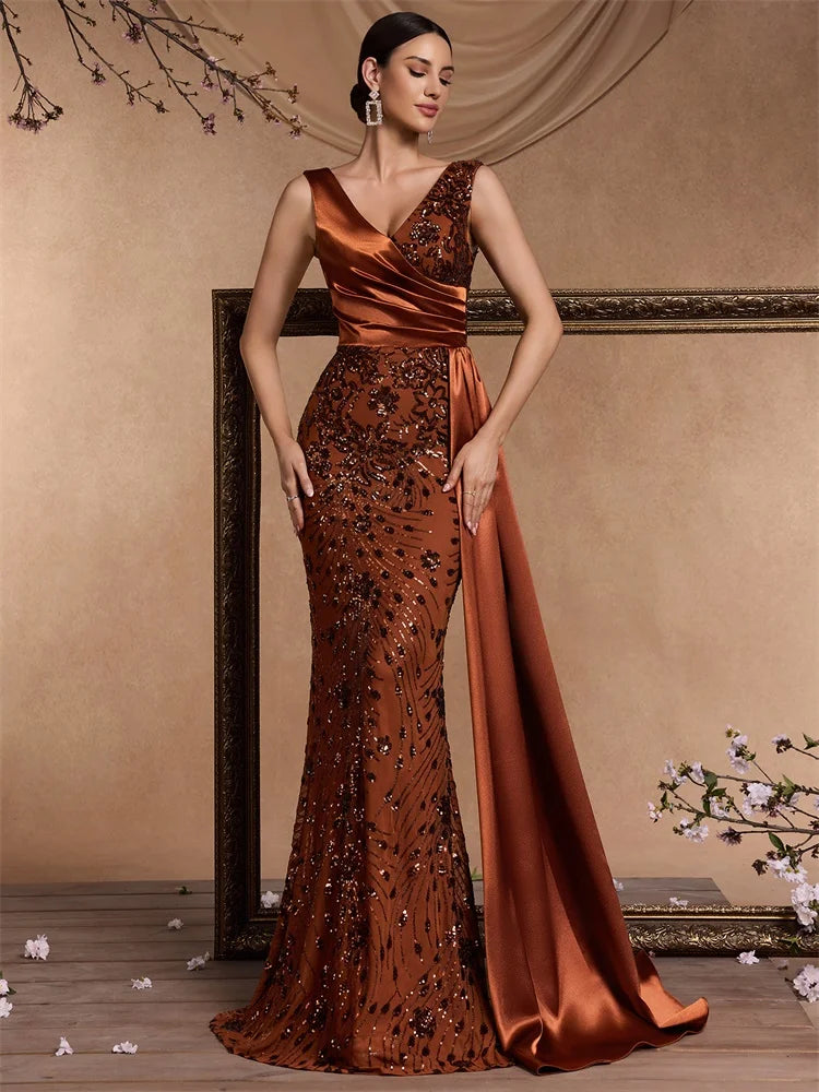 Women’s Sequin Mermaid Evening Maxi Dress – Elegant V-Neck Sleeveless Formal Gown