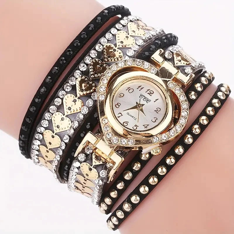 Women’s Rhinestone Heart Dial Watch | Elegant | Velvet Band | Fashion Jewelry Set