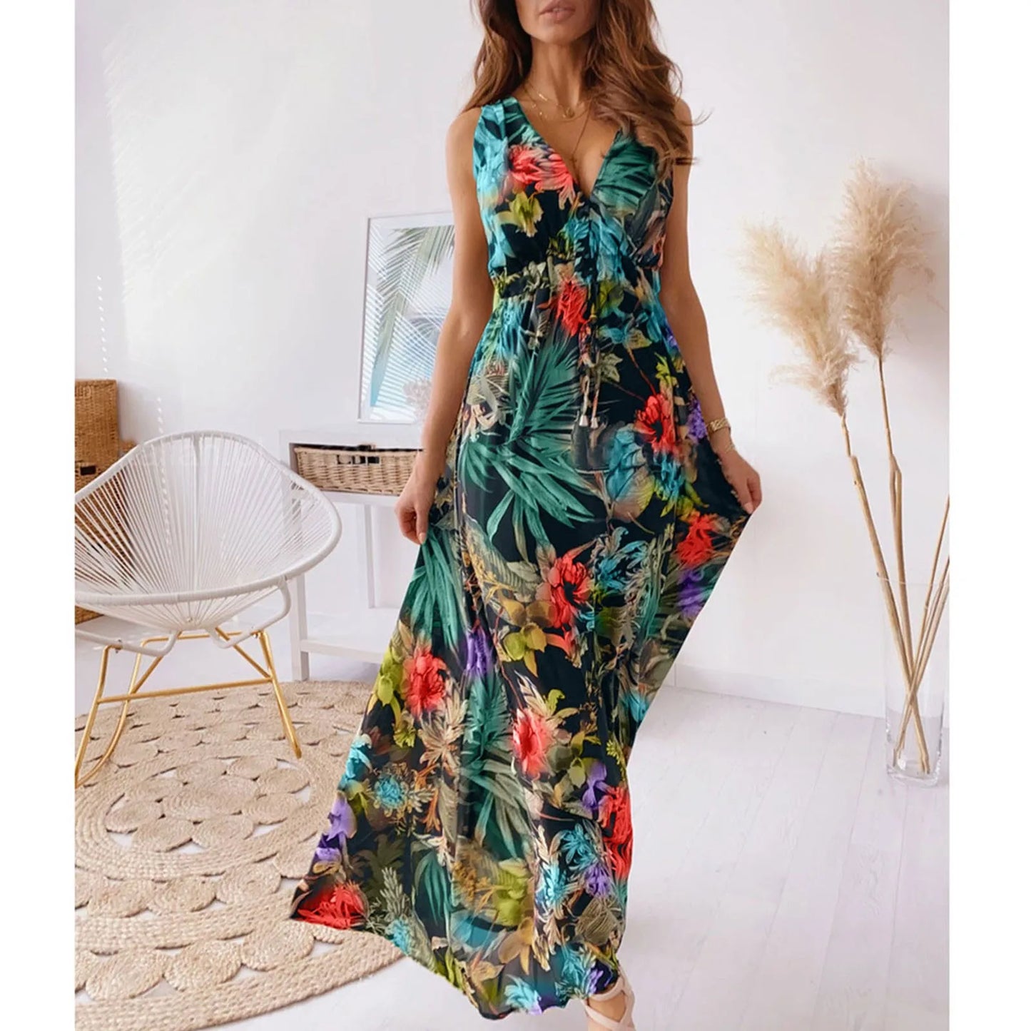 Women’s Floral Maxi Dress – French Bohemian A-Line Summer Beach Dress
