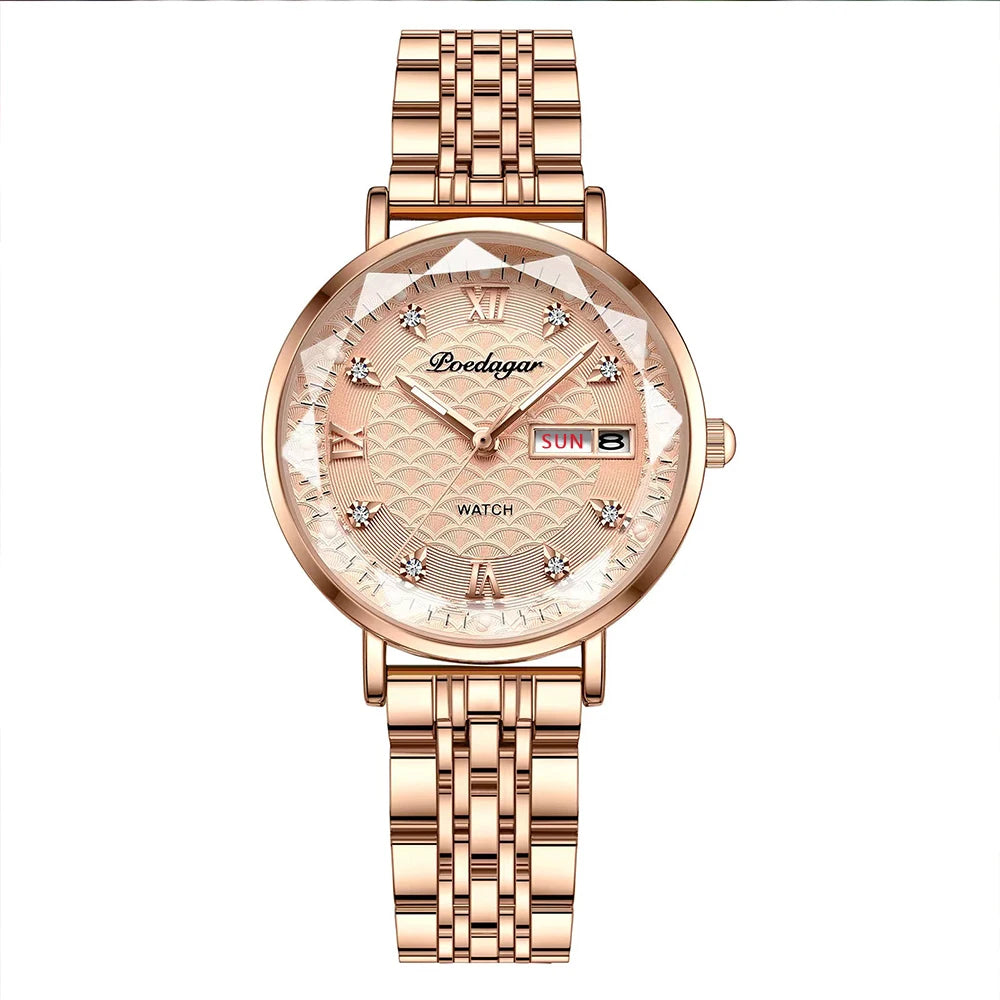 Women’s Luxury Stainless Steel Watch – Waterproof Wristwatch with Date & Week Display