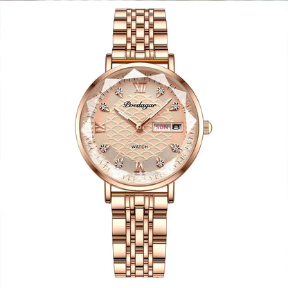 Women’s Luxury Stainless Steel Watch – Waterproof Wristwatch with Date & Week Display