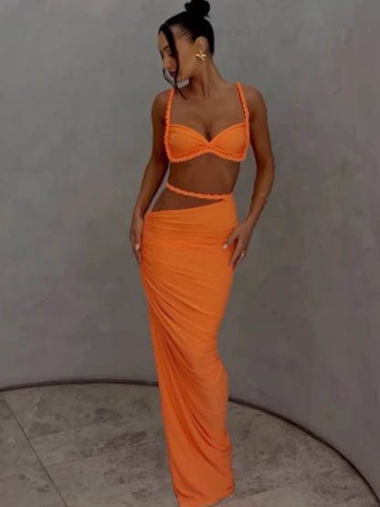 Women’s Elegant Ruched Two-Piece Set | Square Collar Summer Vacation Party Set