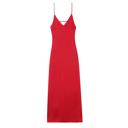 Women’s Yellow Satin V-Neck Maxi Dress – Elegant Sleeveless Loose Sling Party Dress
