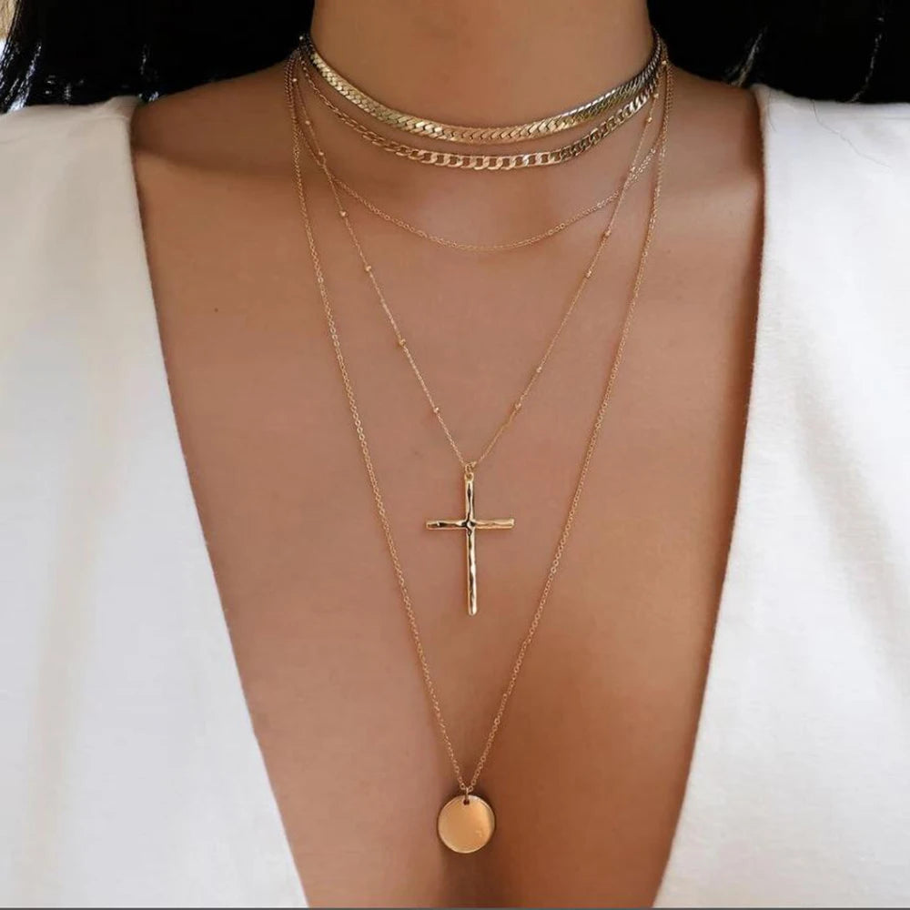 Women’s Jewelry Boho Layered Crystal Pendant Necklace | Vintage | Gold Tone | Trendy