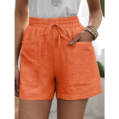 Women’s Loose Linen Shorts Bottom – High Waist Wide Leg Solid Color Casual Summer Bermuda with Pockets