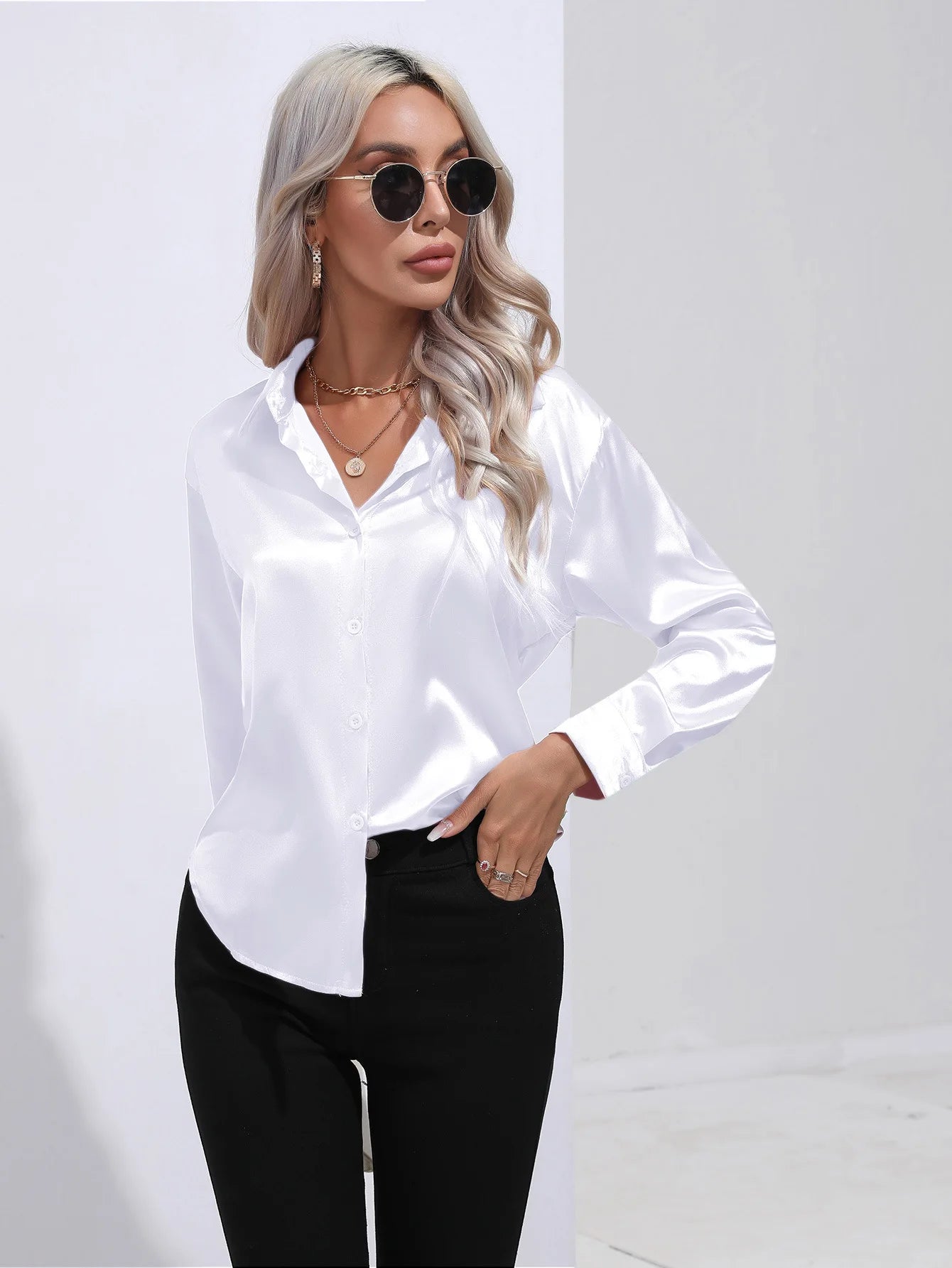 Women’s Satin Imitation Silk Shirt | Long Sleeve Lapel Office Top | Elegant Solid Blouse
