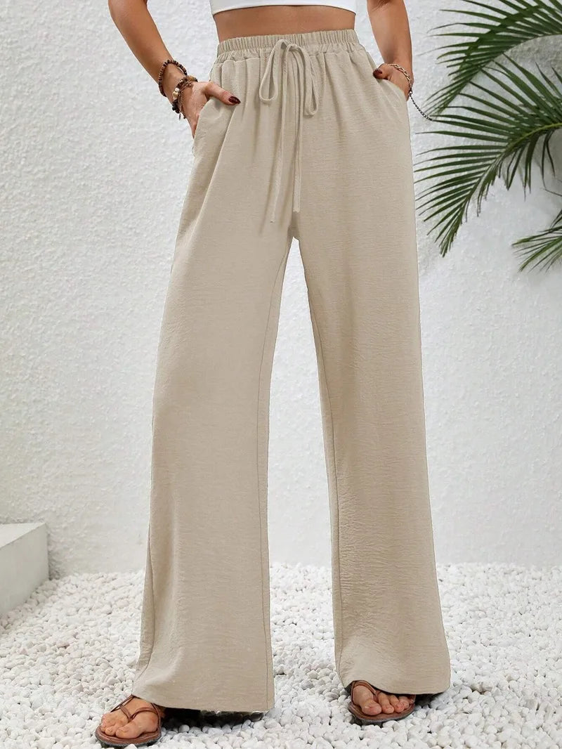 Women’s High-Waist Wide-Leg Pants – Elastic Waist Straight Trousers with Tie Front & Pockets