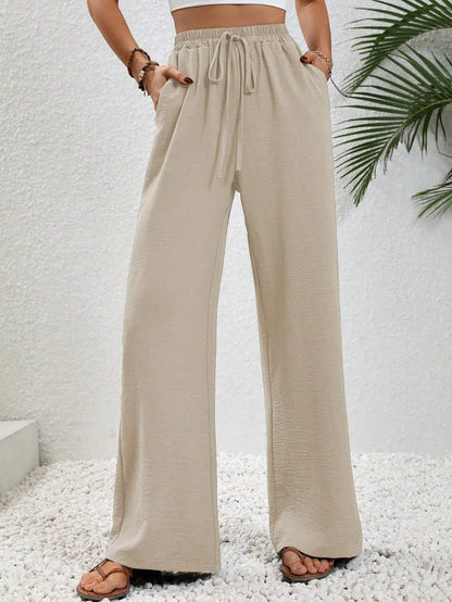 Women’s High-Waist Wide-Leg Pants – Elastic Waist Straight Trousers with Tie Front & Pockets