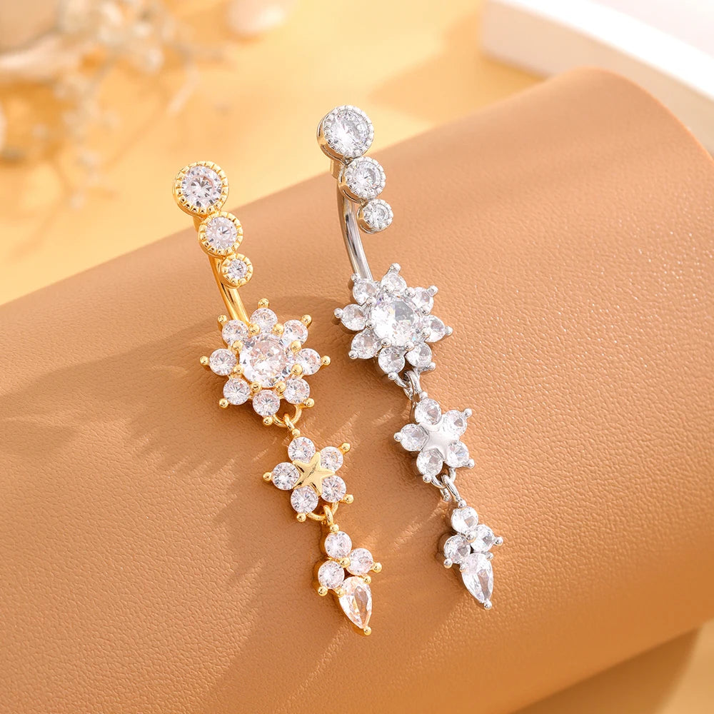 Women’s Gold Stainless Steel Belly Button – Long Dangle Flower CZ Crystal Navel Piercing Jewelry