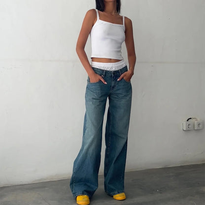 Women’s Jeans Bottom – Low Waist Straight Denim Pants with Pockets Casual Y2K Streetwear