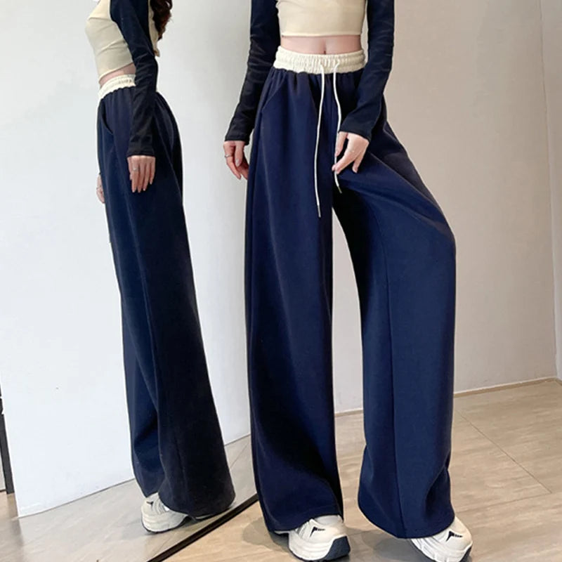 Women’s Contrast Color Drawstring Wide Leg Pants – Streetwear Loose Sport Bottoms
