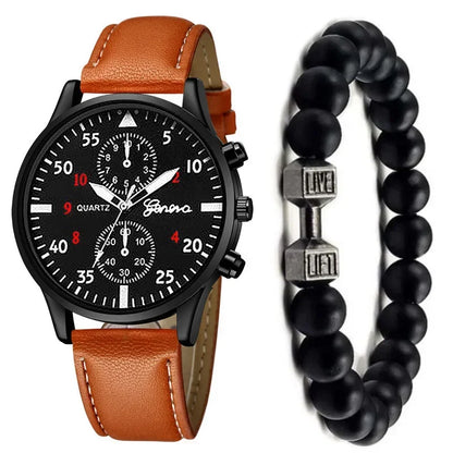 Men’s Luxury Watch Jewelry Set – Leather Strap Fashion Wristwatches Gift Pack with bracelet