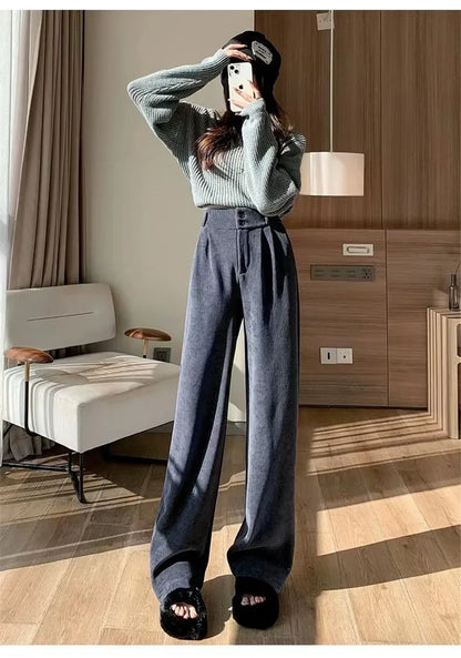 Women’s High Waist Warm Wide Leg Pants Bottom – Winter Thick Velvet