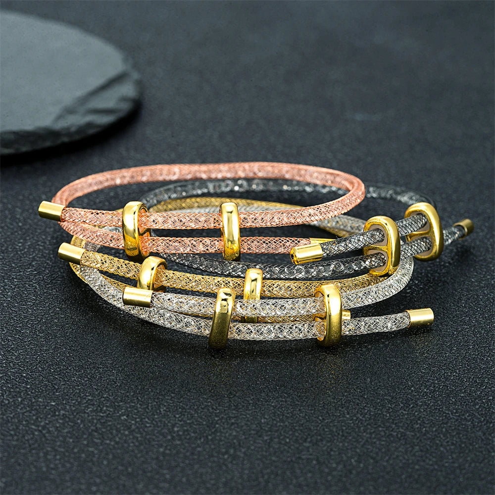 Women’s Stainless Steel Mesh Bracelet – Minimalist Crystal Bangle Jewelry
