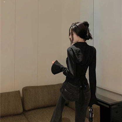 Women’s Korean Bandage Shirt Top – Slim Fit Bell Sleeve Blouse for Spring Casual Streetwear