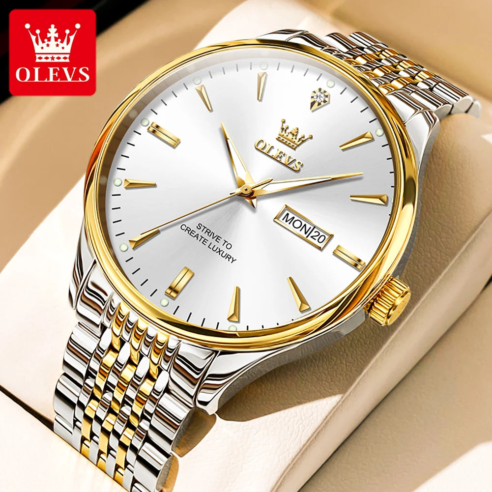 Men’s Luxury Quartz Watch – Waterproof Steel Strap Wristwatch with Dual Calendar & Luminous Dial