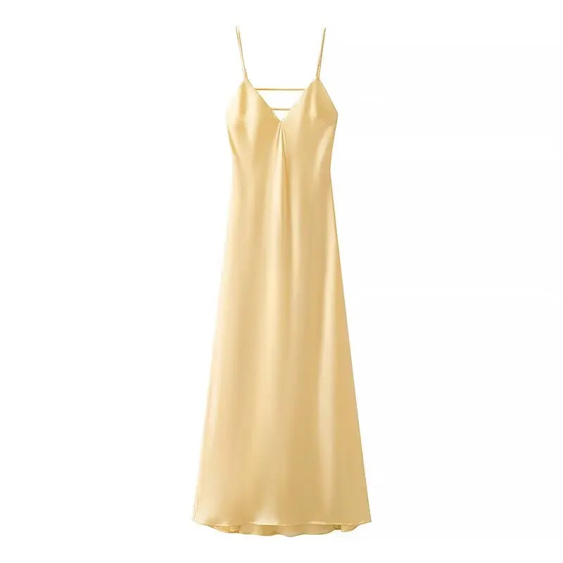 Women’s Yellow Satin V-Neck Maxi Dress – Elegant Sleeveless Loose Sling Party Dress