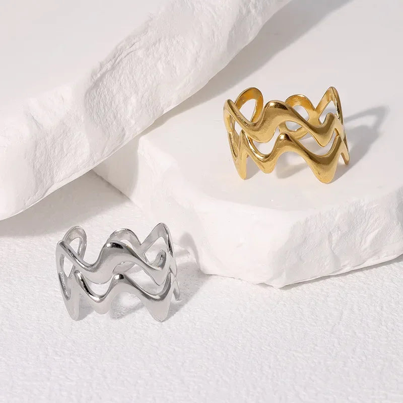 Women’s Irregular Wave Stainless Steel Ring – Adjustable Gold Color Statement Jewelry