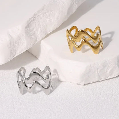 Women’s Irregular Wave Stainless Steel Ring – Adjustable Gold Color Statement Jewelry