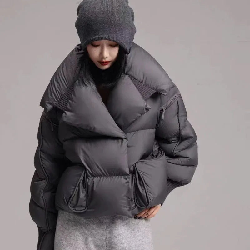Women’s Down Jacket Outerwear – Knitted Patchwork Lapel Puffer Jacket