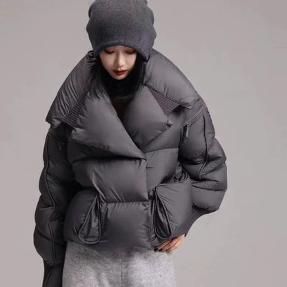 Women’s Down Jacket Outerwear – Knitted Patchwork Lapel Puffer Jacket