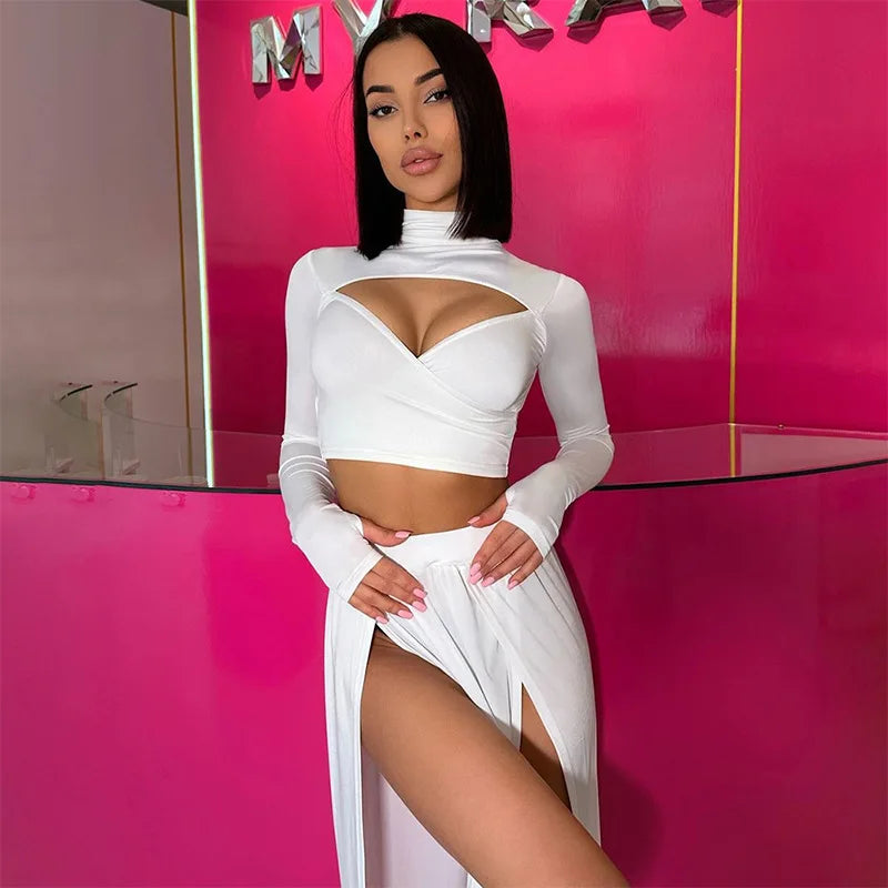 Women’s Solid Slim Hollow Out Crop Top | Long Sleeve Y2K Aesthetic Streetwear | Stylish Short Top