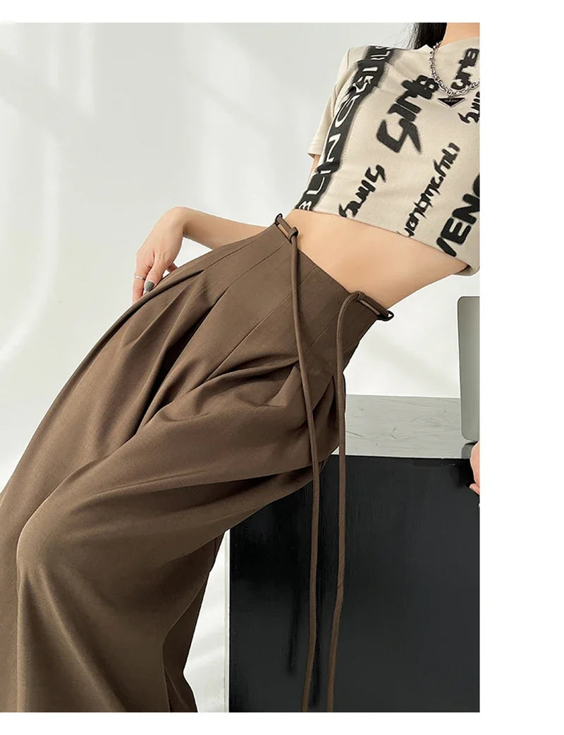 Women’s Streetwear Wide Leg Pants Bottom – Korean High Waist Lace-Up Suit Trousers, Elegant Black Summer Fashion