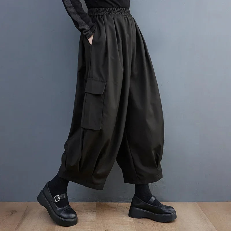 Women’s Vintage Cargo Pants Bottom – Spring Summer High Elastic Waist Oversized Loose Black Trousers with Pockets