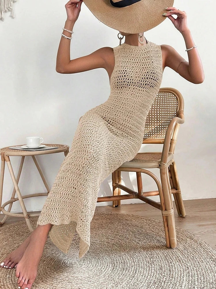 Women’s Elegant Hollow-Out Woolen Dress – Sleeveless Slim Fit Round Neck Dress For Beach Pareo