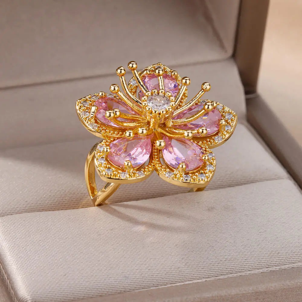 Women’s Jewelry Pink Zircon Flower Ring | Elegant | Gold Tone | Aesthetic