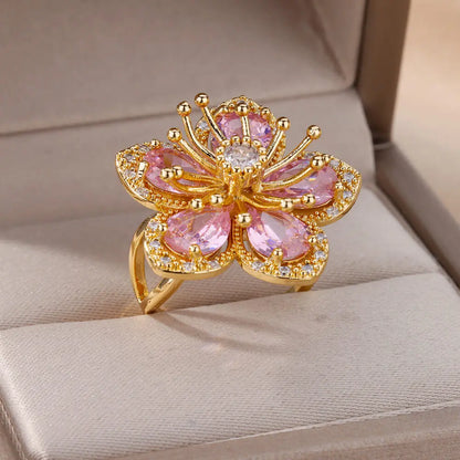 Women’s Jewelry Pink Zircon Flower Ring | Elegant | Gold Tone | Aesthetic