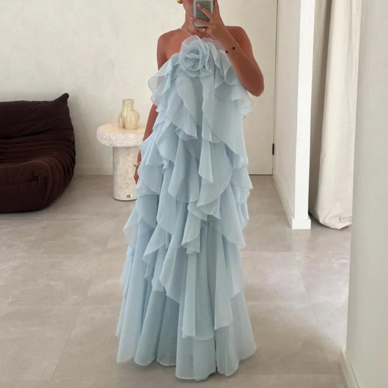 Women’s Ruffled Maxi Dress – Backless Sleeveless Slim Fit Summer Beach & Party Dress