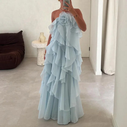 Women’s Ruffled Maxi Dress – Backless Sleeveless Slim Fit Summer Beach & Party Dress