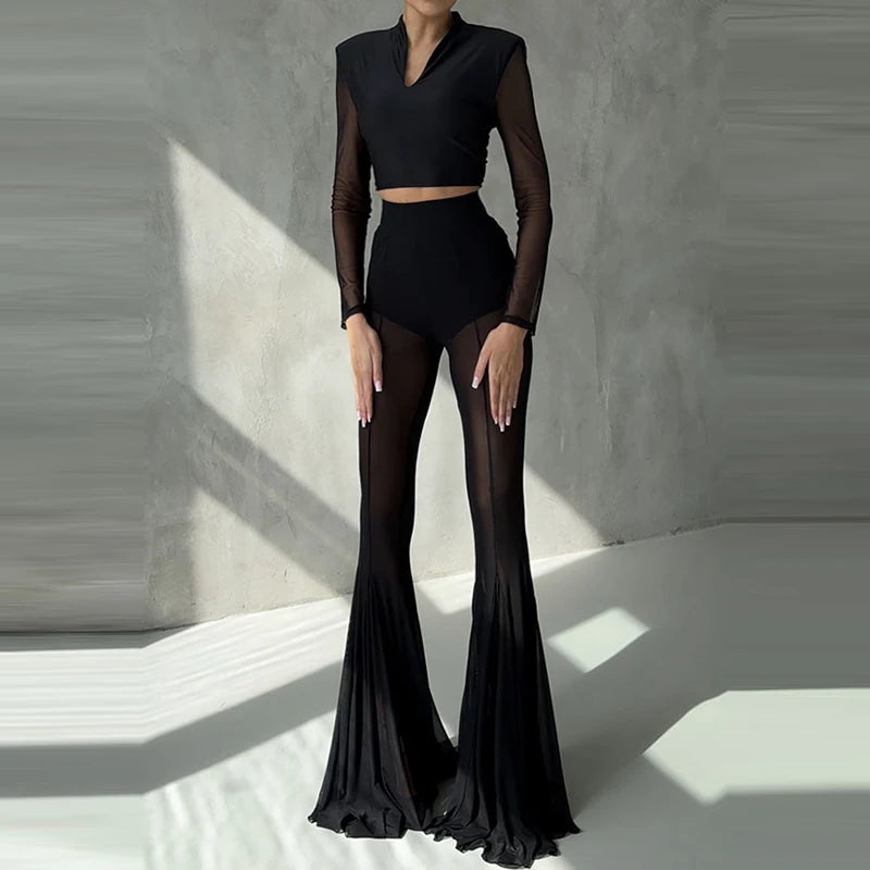 Women’s High Waist Flared Pants – Elegant Slim Fit Patchwork Transparent Bottoms