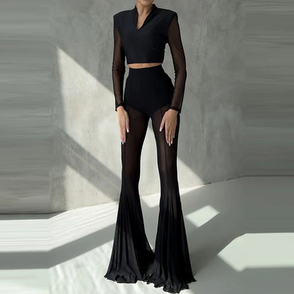 Women’s High Waist Flared Pants – Elegant Slim Fit Patchwork Transparent Bottoms