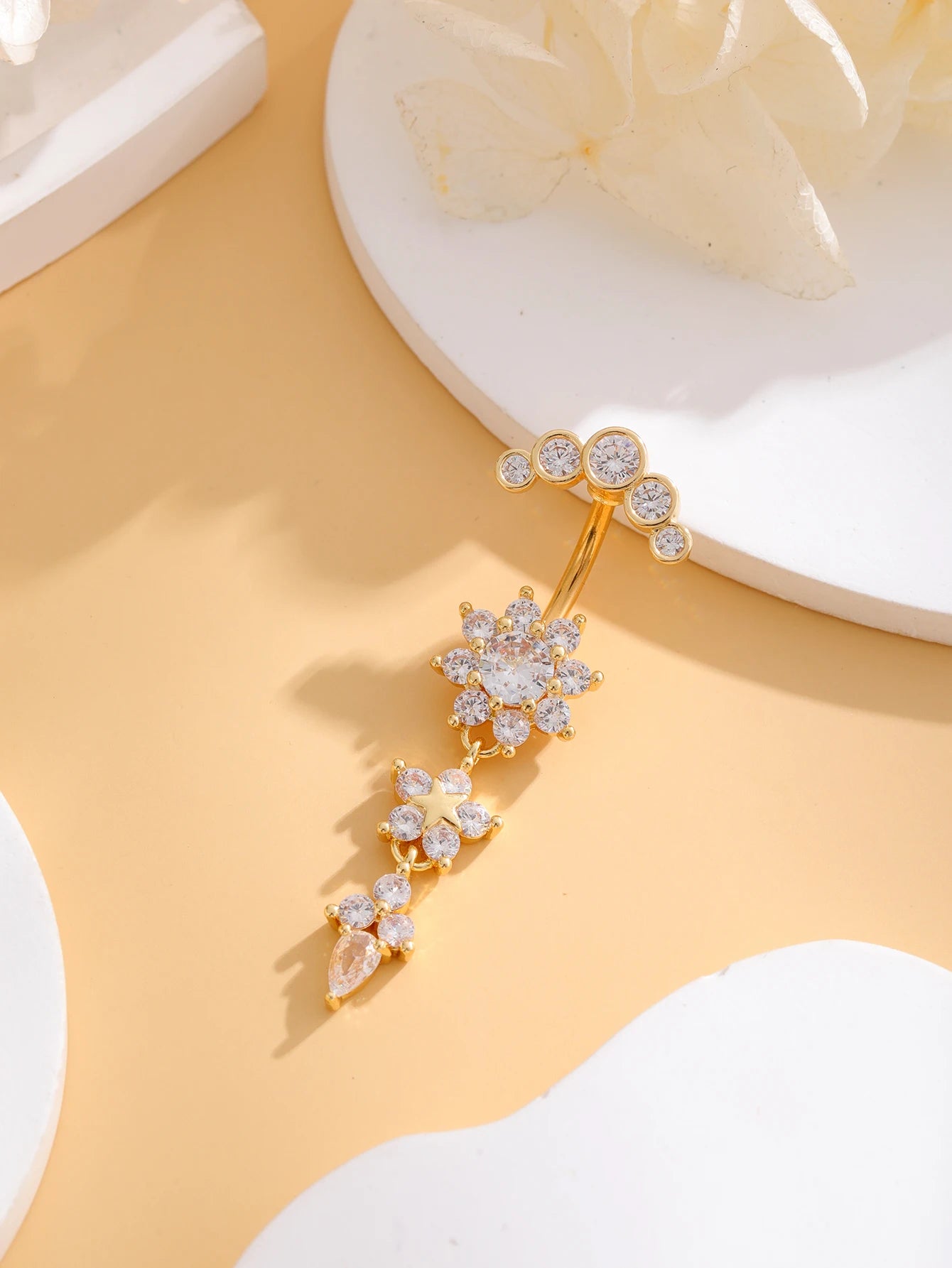 Women’s Gold Stainless Steel Belly Button – Long Dangle Flower CZ Crystal Navel Piercing Jewelry