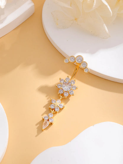 Women’s Gold Stainless Steel Belly Button – Long Dangle Flower CZ Crystal Navel Piercing Jewelry