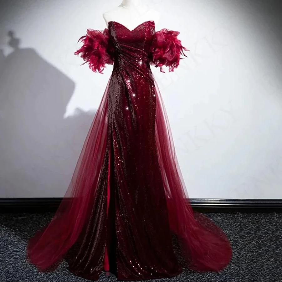Women’s Burgundy Sequin Mermaid Evening Maxi Dress – Off Shoulder Luxury Gown with Feathers